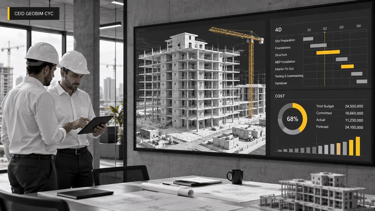 Modelo BIM y paneles de planificación 4D y costos en una oficina de proyectos, imagen referencial