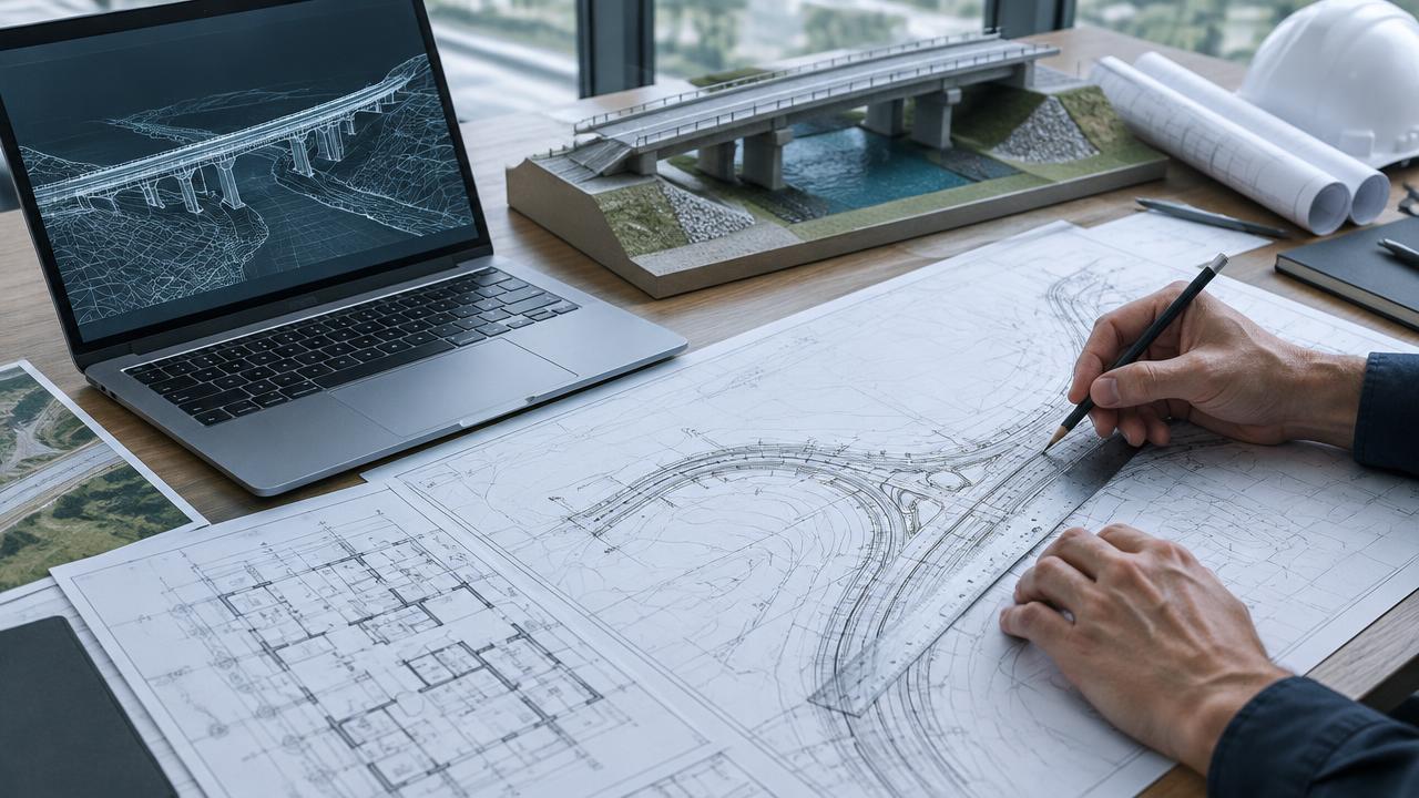 Planos y modelo de infraestructura sobre una mesa de ingeniería, imagen referencial